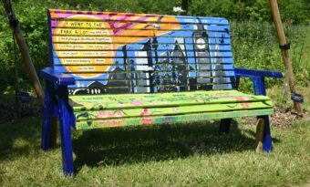 A brightly colour painted bench against some grass and bushes.