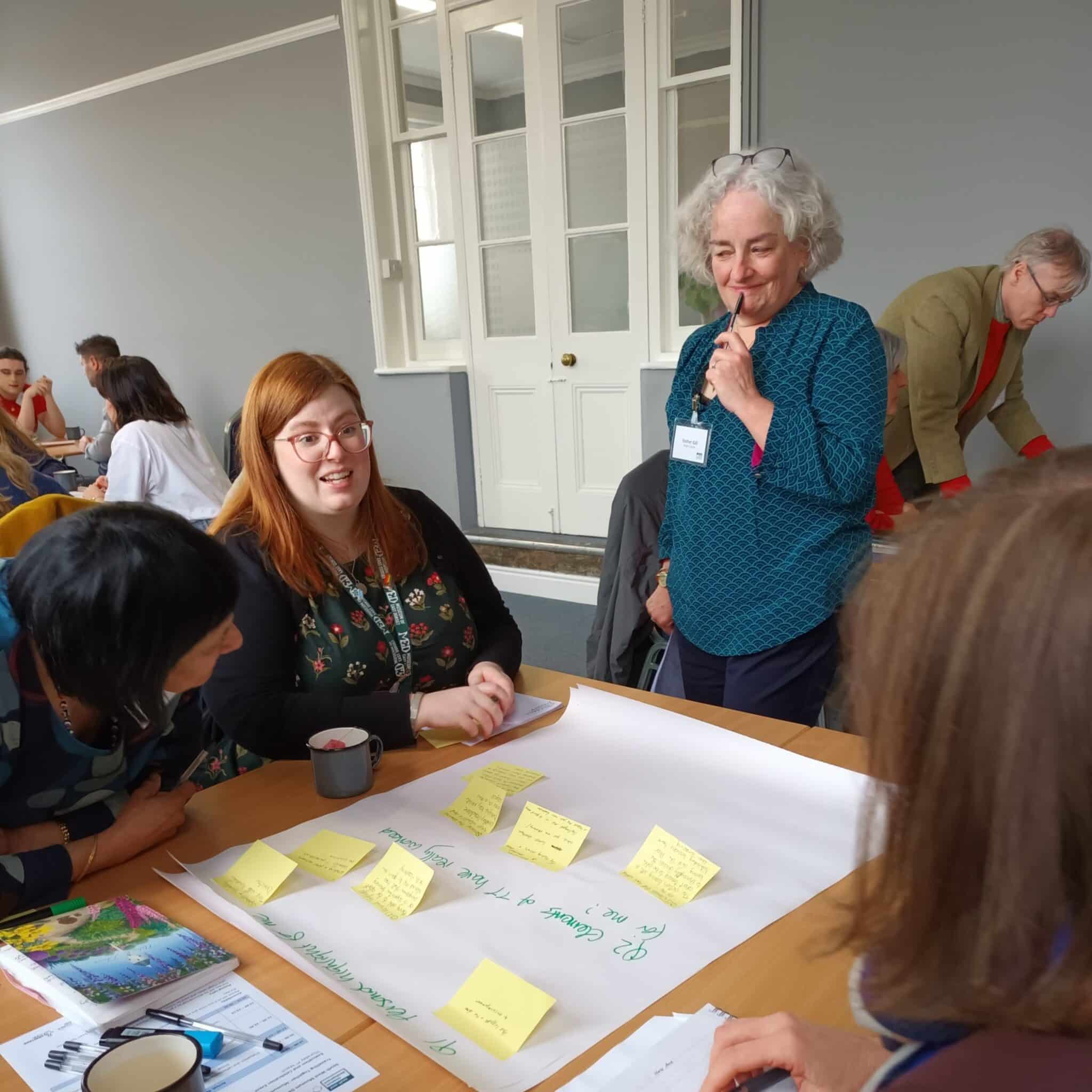 A woman stands by a table looking at a large piece of paper with yellow post-it notes on it. Other people are sitting around the table.