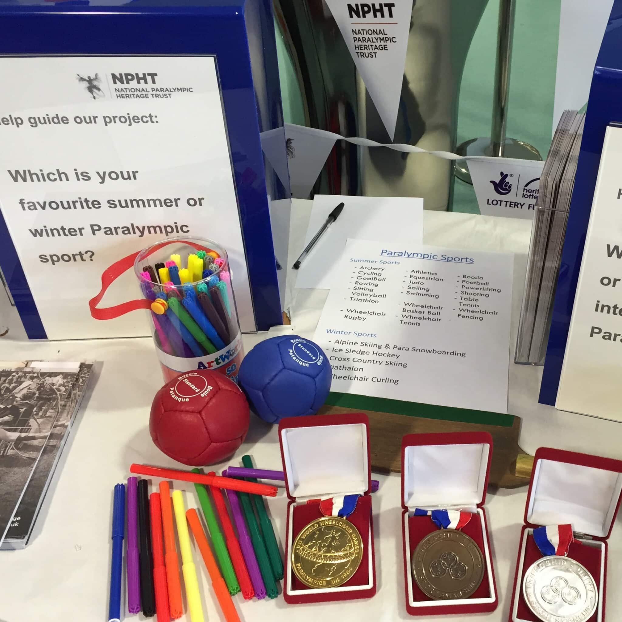 blue box with question written on it and pens and medals in front.